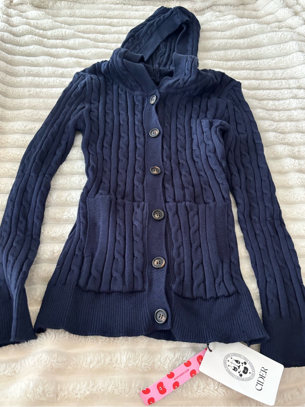 Cider Navy Cable-Knit Hooded Button Cardigan